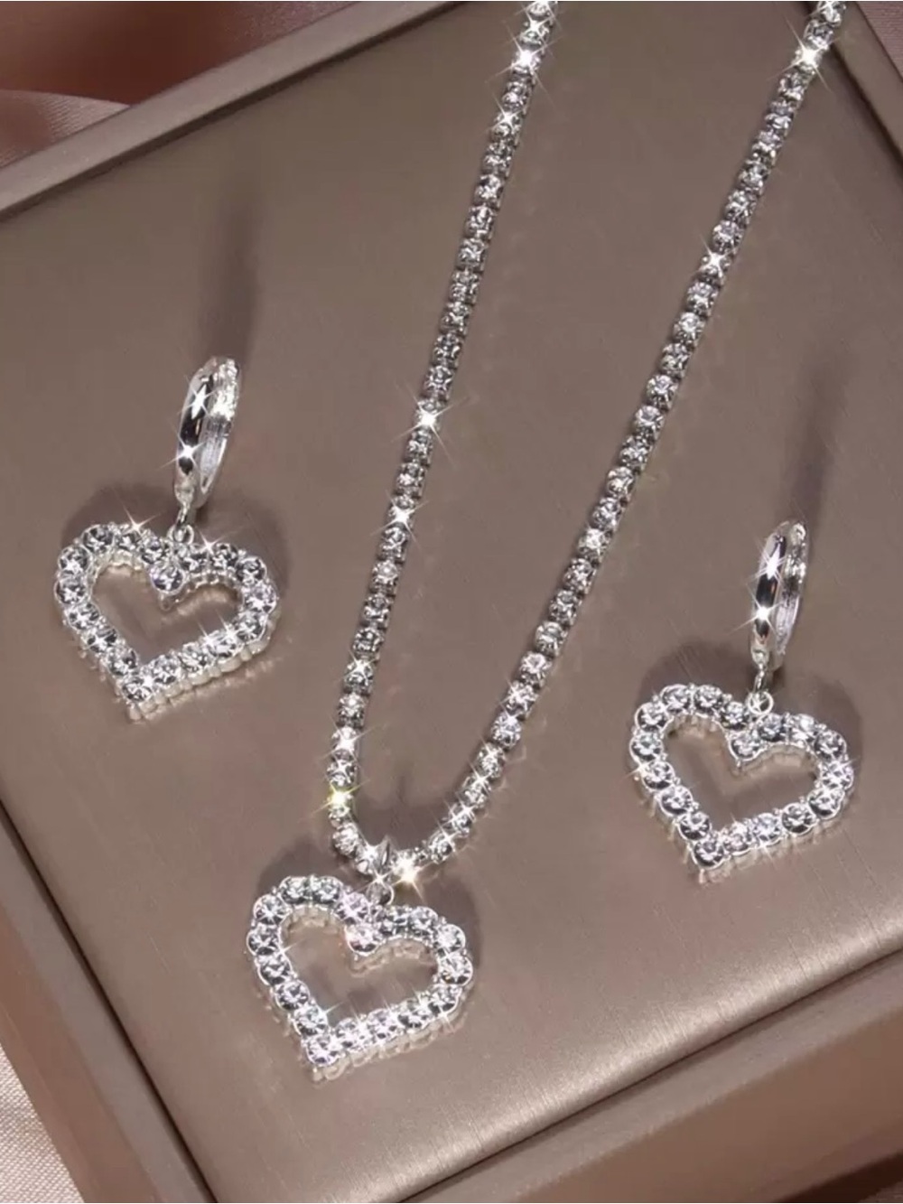 Silver Heart Crystal Pendant Necklace and Earrings Set.  Box white